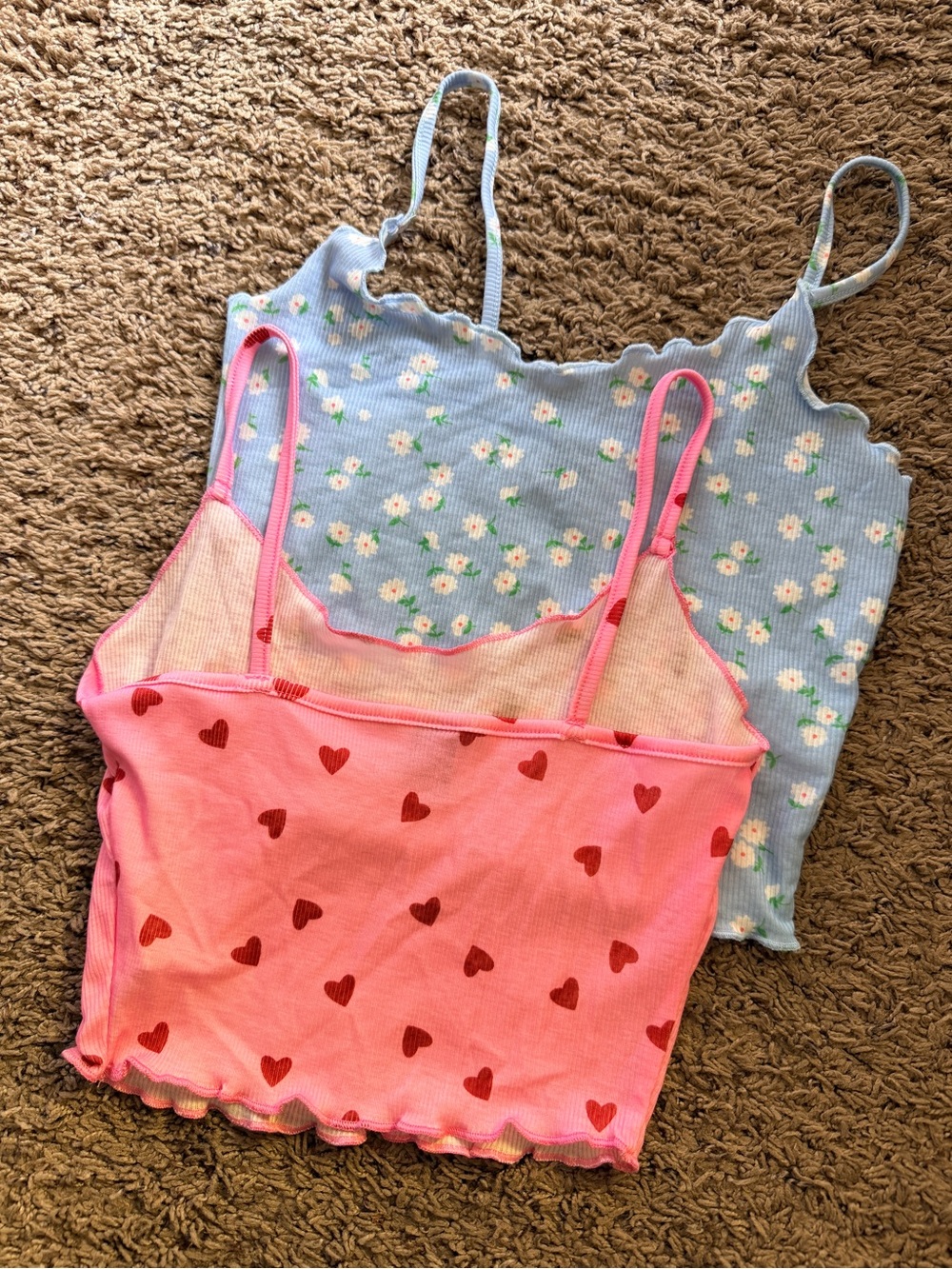 Pink Heart Print Cami + Blue Daisy Ribbed Cami Set